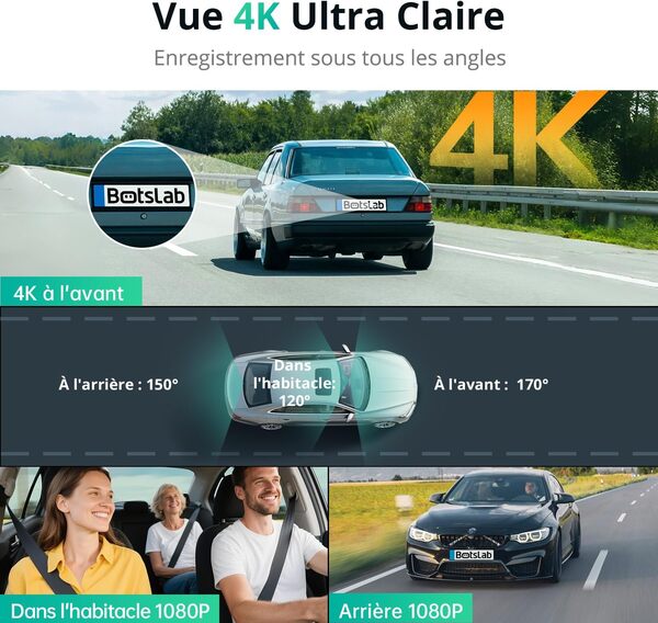 BOTSLAB à 3 Canaux 4K Caméra Embarquée à l'avant, Triple caméra embarquée avec Commande vocale, écran Tactile de 3,18 Pouces, Enregistrement en Boucle, Mode Stationnement 24/7, 128 GB Carte