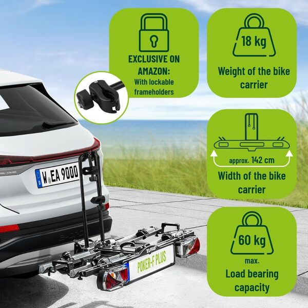EUFAB 12012LASON Poker-F Plus Porte-vélos Exclusif sur Amazon avec Supports de Cadre verrouillables, Compatible vélo électrique, entièrement pré-monté, pour 2 vélos, pour attelage de remorque, Noir
