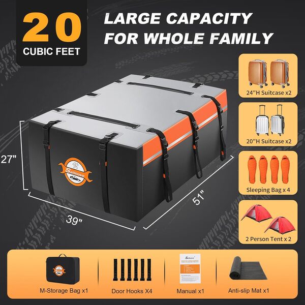 Sailnovo Coffre de Toit de Voiture Pliable 21 Pieds Cubes, avec Tapis antidérapant, 6 Crochets de Porte, en PVC 1000D, pour Voiture avec/sans Barre transversale, Coffre de Toit (Orange)
