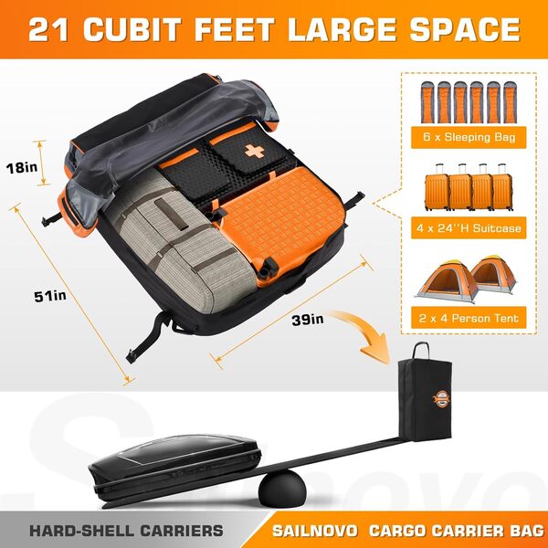 Sailnovo Sac de toit pliable 595 l, matériau étanche 1000D, tapis antidérapant, 8 sangles renforcées, 6 crochets de porte, pour le transport des bagages sur tous les véhicules avec/sans barres de toit