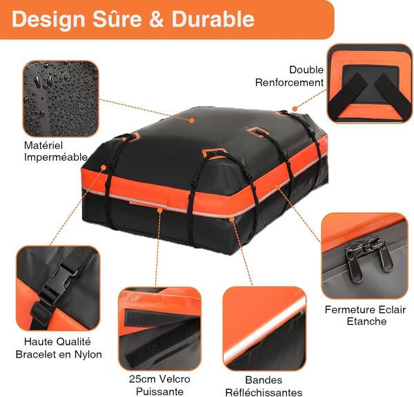JOBYNA Sac de Toit Voiture, 100% étanche sur Le Toit du Véhicule pour Toutes Les Voitures avec/sans Porte-Bagages avec Tapis antidérapant, 6 Crochets de Porte, Sac de Rangement (585L/21 Pieds Cubes)