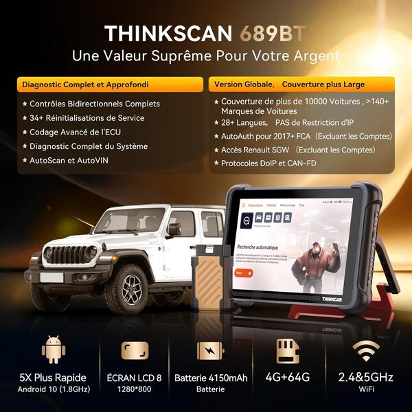 THINKCAR Outil D'analyse Bidirectionnel sans Fil, Outil de Diagnostic Automobile Tous Systèmes THINKSCAN 689BT, Scanner OBD2 Bidirectionnel avec Codage ECU, 34 Services, FCA AutoAuth, CANFD et DoIP