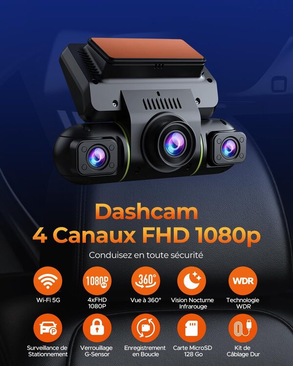 Volam 360° 4 Canaux Dashcam Voiture Avant Arriere, Écran 3.16