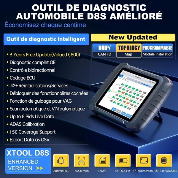 XTOOL D8S Diagnostic Voiture Auto Françaisoutil, Contrôle Bidirectionnel, 2025 Online Codage ECU, 42+ Fonctions Nouvelles, Cartographie Topologie, V.A.G Guided, PMI, CANFD/DOIP, Mise à Jour de 3 Ans