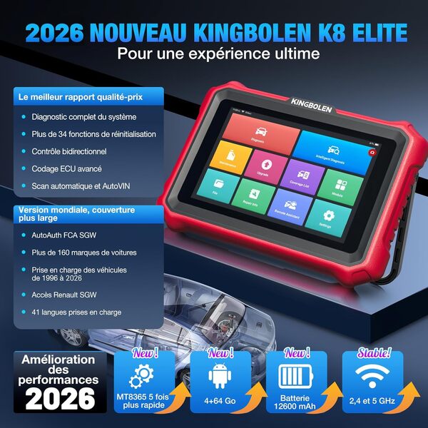 KINGBOLEN K8 Elite Valise Diagnostic Auto, OBD2 Diagnostic Français pour système Complet avec 42+ Réinitialisations, Codes ECU, Contrôle Bidirectionnel, CANFD＆DOIP, Mise à Jour Gratuite à Vie