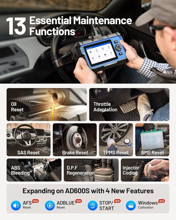 TOPDON Valise Diagnostic obd2 AD600Elite, Diagnostic Auto multimarque du Systèmes Complet, 13 Service de Réinitialisations, 2 Ans de mises à Jour gratuites,FCA AutoAuth