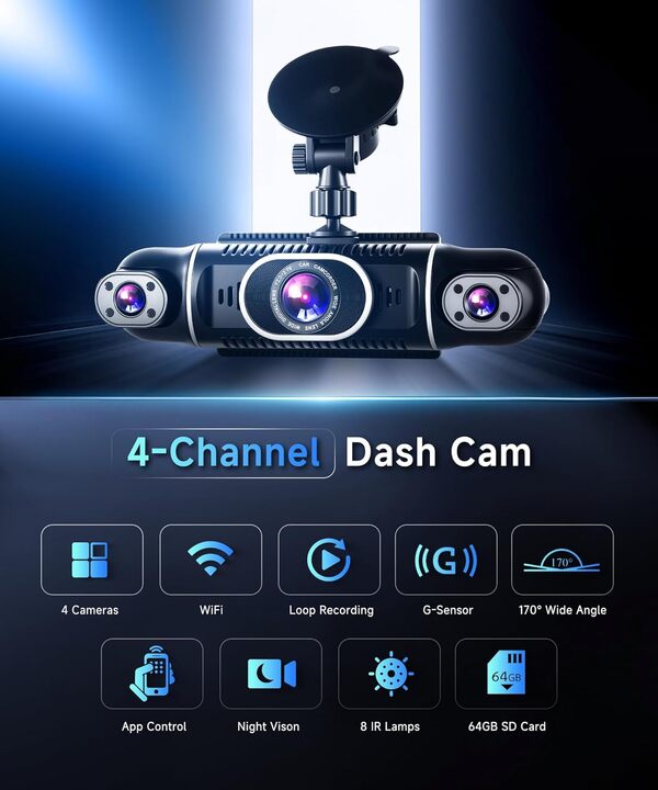 VECHTEL Dashcam Voiture 2K avec Wi-FI,4 caméras embarquées 1080P avec écran IPS 3 Pouces, Vision Nocturne, accéléromètre, Protection à 360 degrés, Prend en Charge 128G,G-Capteur