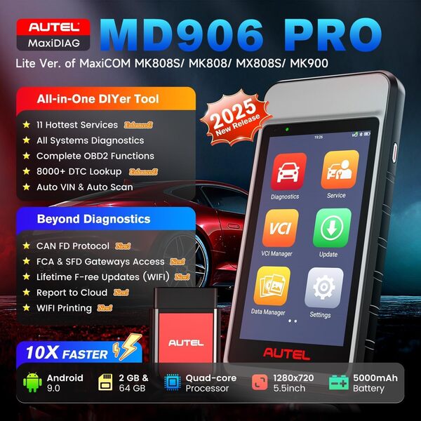 Autel MaxiDIAG MD906 Pro Diagnostic Auto, Scanner OBD2 Système Complet MD906PRO 2026, Bluetooth Lite de MaxiCOM MK808S MX808S, Identique au MD909 Pro, Can FD, 11 Services, sans Frais Abonnement
